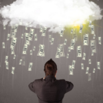 An illustration of a man under a cloud raining dollar bills