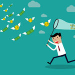 Cartoon of a man catching flying money with a net