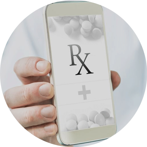 The phone screen displays the letters “RX.”