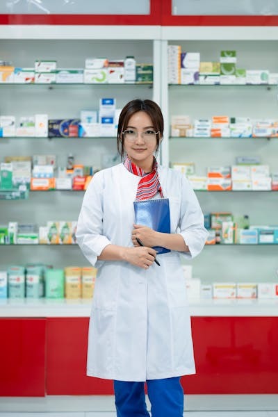A young pharmacist dressed in a white lab coat, posing for the camera while holding a book