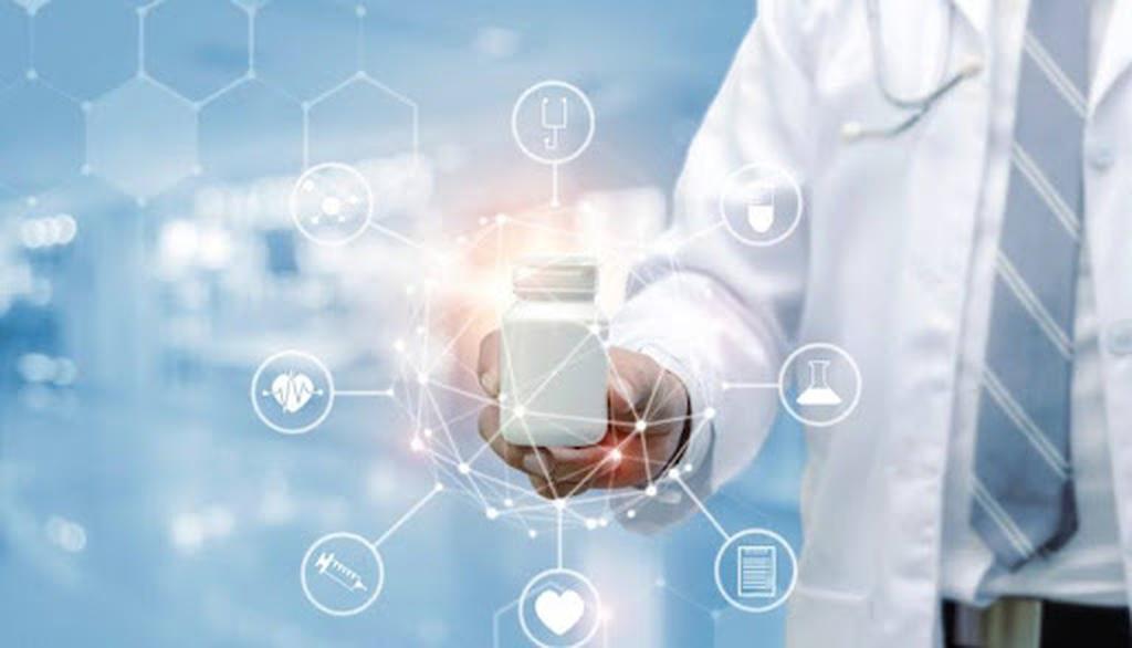 healthcare-software-patient-doctor-communication Doctor holding a prescription bottle with digital healthcare icons representing software-enhanced communication with patients and medical professionals