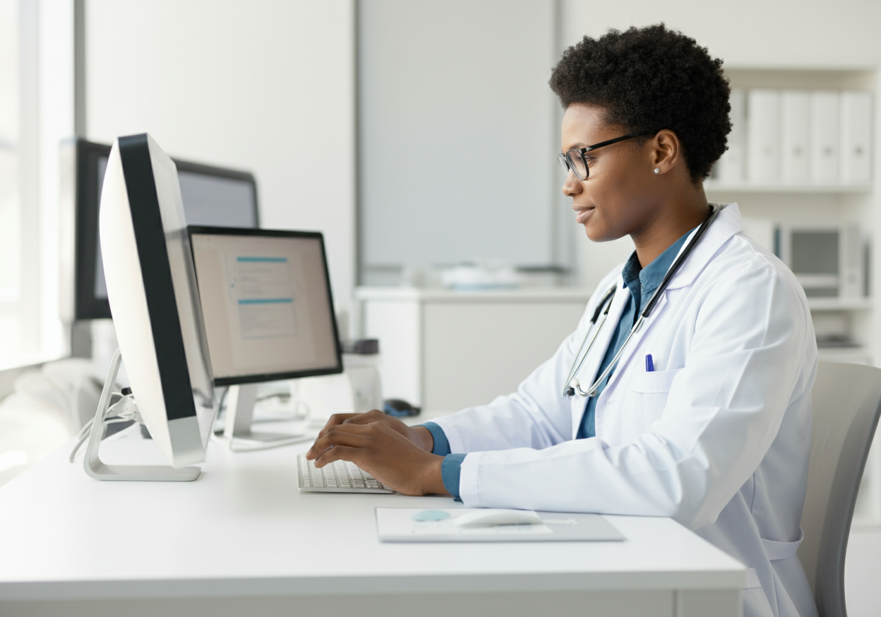 An image of a doctor in a lab coat working on a computer in a laboratory setting