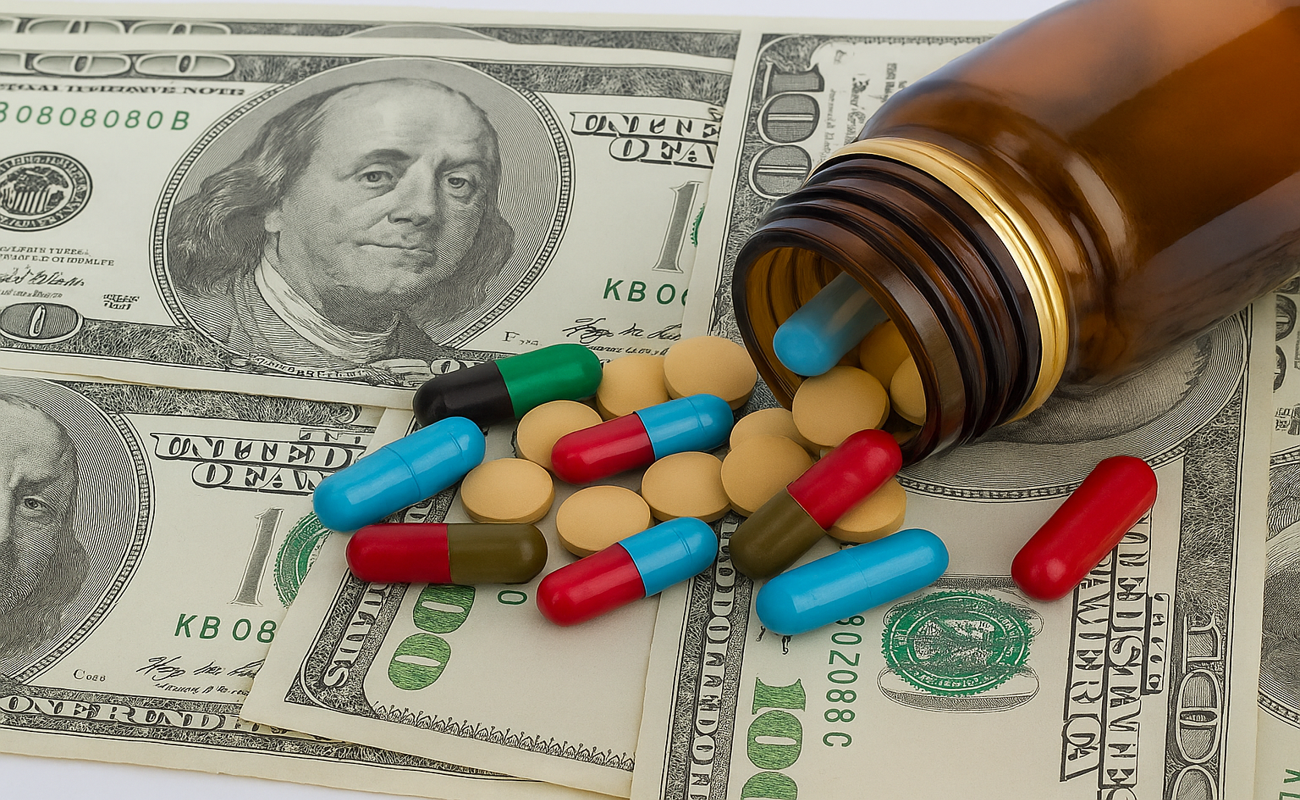 A brown bottle of colorful pills spilling out onto $100 bills