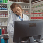A pharmacist uses pharmacy software to help a patient on the phone