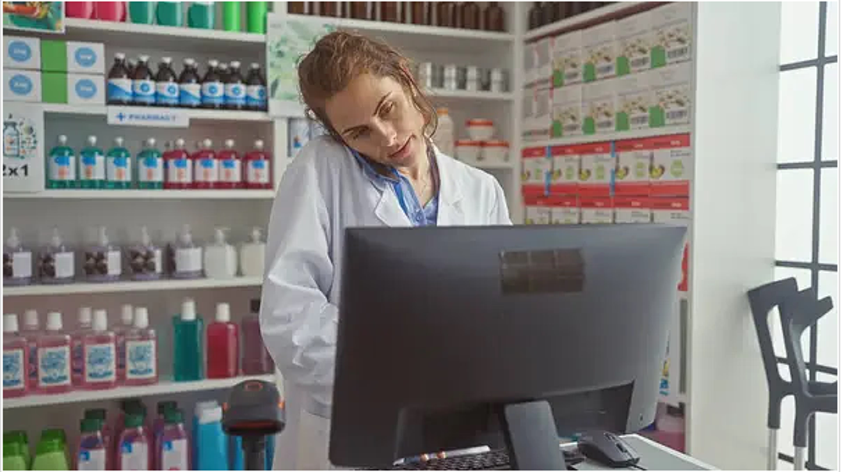 A pharmacist uses pharmacy software to help a patient on the phone