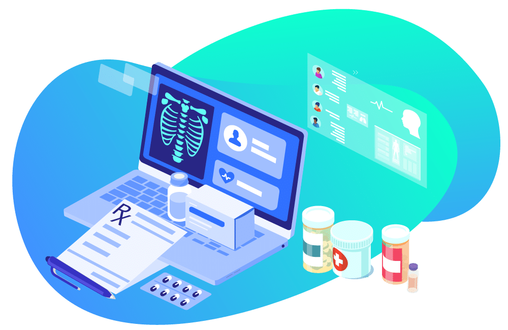 pharmacy-management-software An illustration of a laptop displaying medical records and X-rays, alongside medication.