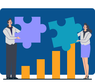 Illustration of two business professionals holding large puzzle pieces over rising bar charts