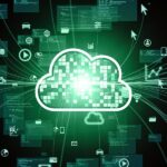 a graphic of a cloud with other computer graphics against a background of computer screens