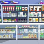 A colorful illustration of pharmacy shelves stocked with products