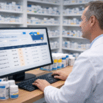 Pharmacist standing behind a counter in a modern pharmacy, reviewing medication inventory on a desktop computer