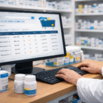 A pharmacist reviewing medication orders on a computer monitor using pharmacy software workflow management features