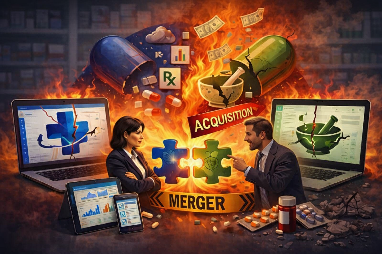 An illustration representing pharmacy software company mergers and the dysfunction that it causes in the industry