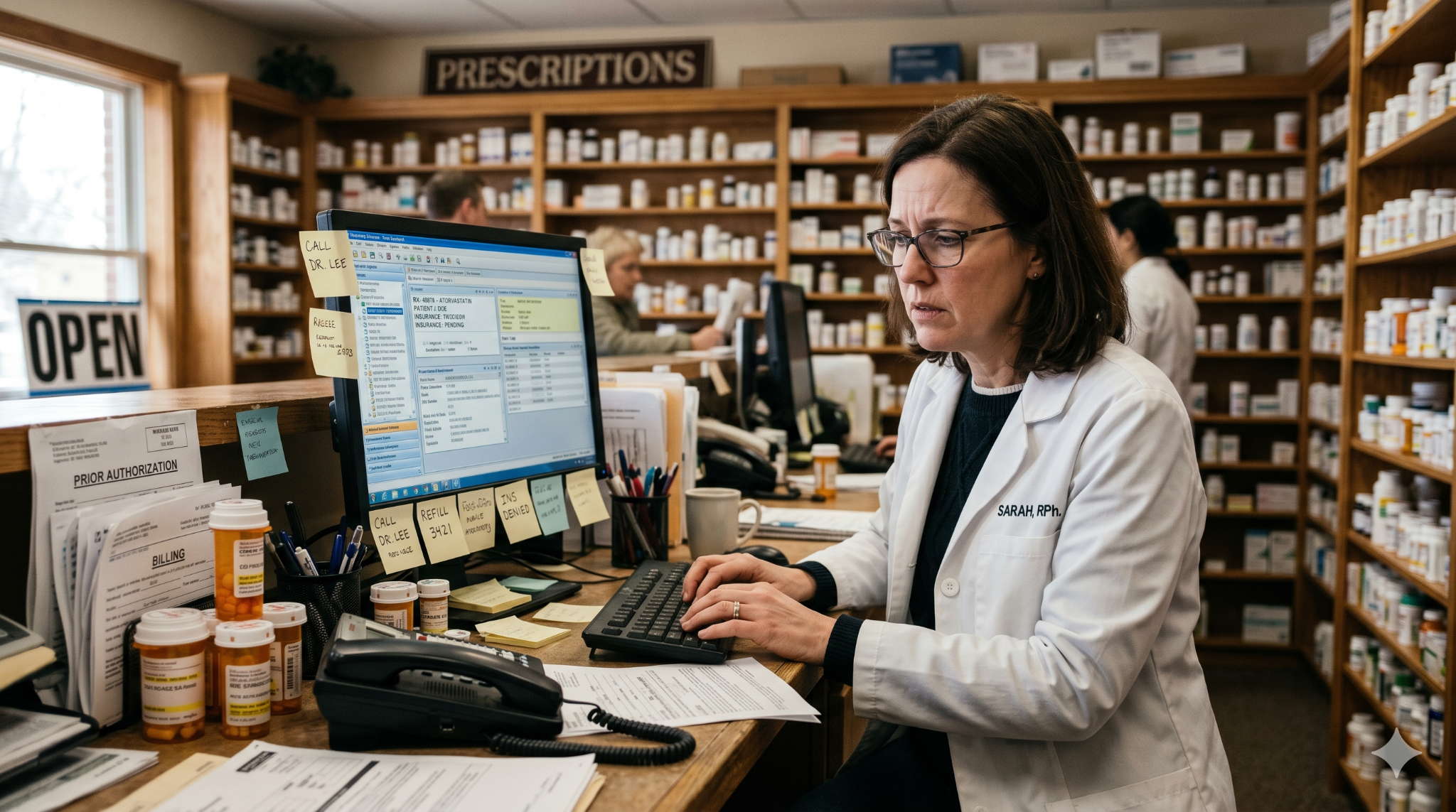 A worried pharmacist on a computer
