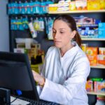 Pharmacist using pharmacy software at a workstation in an independent pharmacy