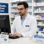 A pharmacist on a computer next to a basket of prescriptions