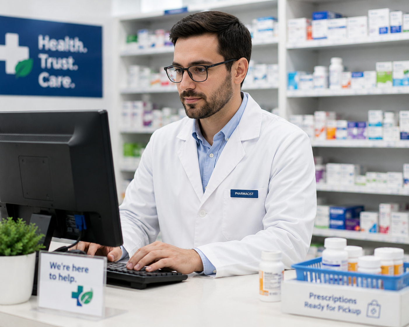pharmacist-on-computer A pharmacist on a computer next to a basket of prescriptions