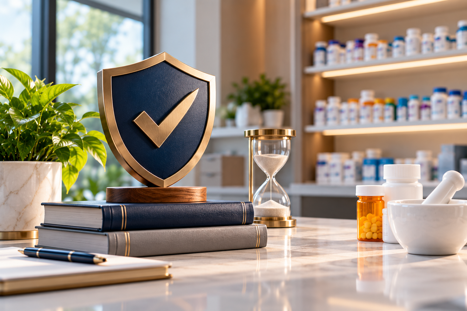 A pharmacy setting featuring a shield with a checkmark, symbolizing security and reliability, alongside medication bottles and an hourglass.