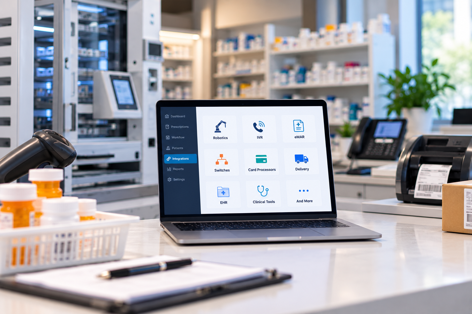 Modern pharmacy workstation featuring an integration dashboard, automated dispensing equipment, delivery tools, and prescription supplies.