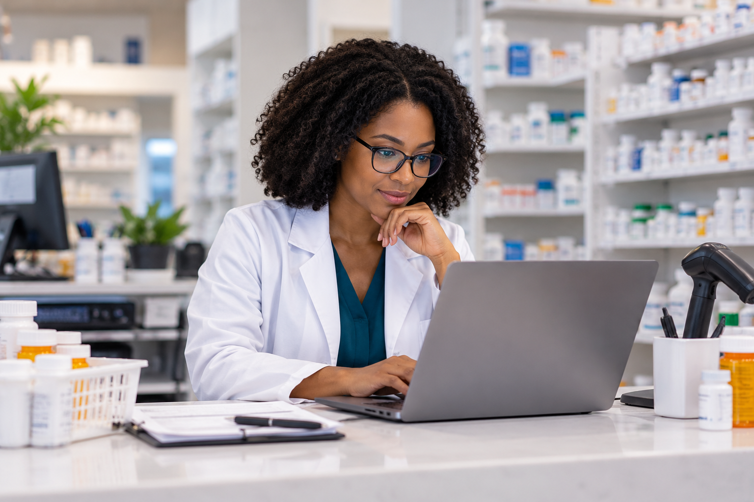 A pharmacist reviewing prescription data on a laptop at a modern pharmacy counter.