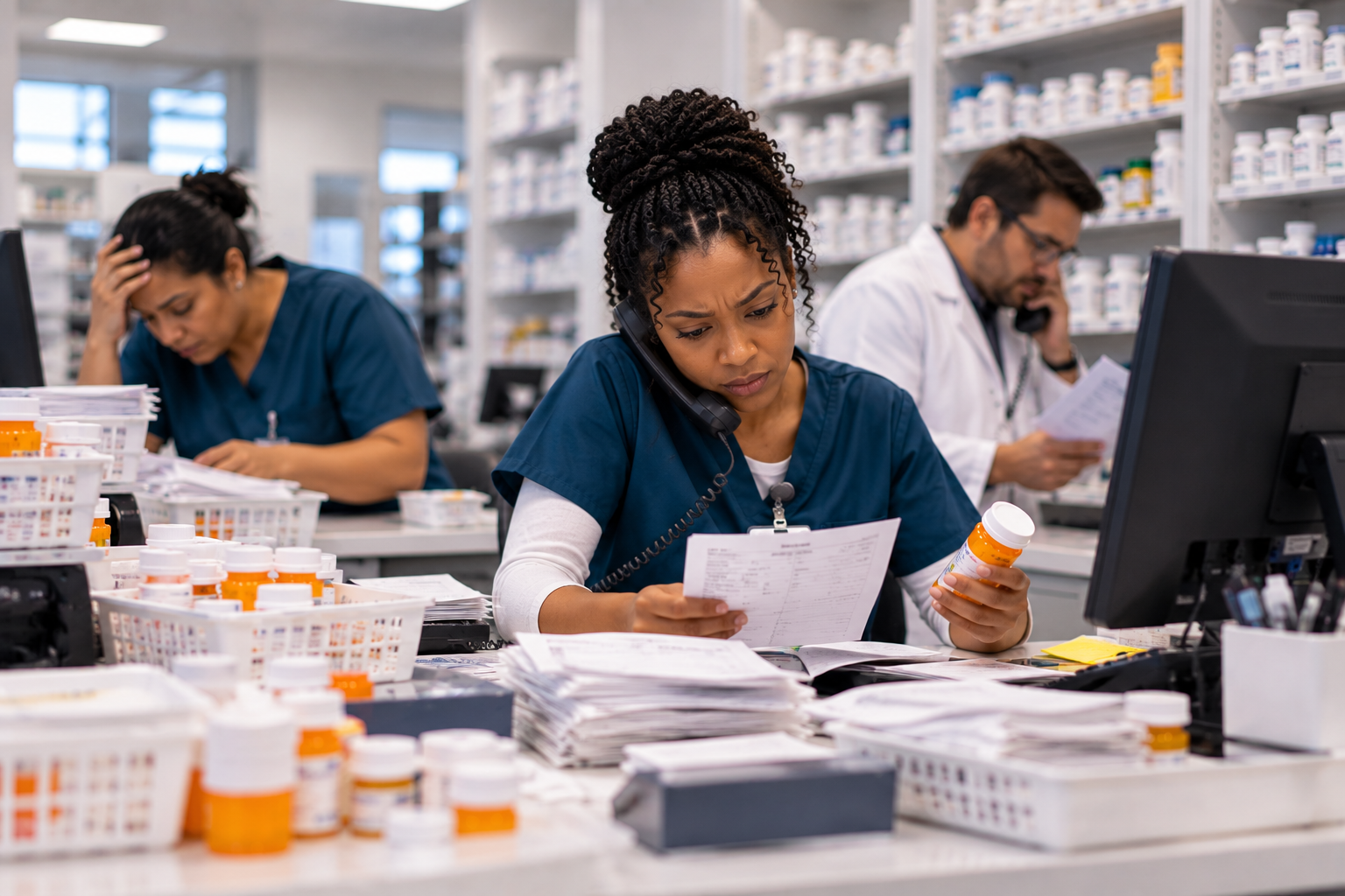 Stressed pharmacy staff managing prescriptions, paperwork, phone calls, and medication bottles at a busy pharmacy counter.