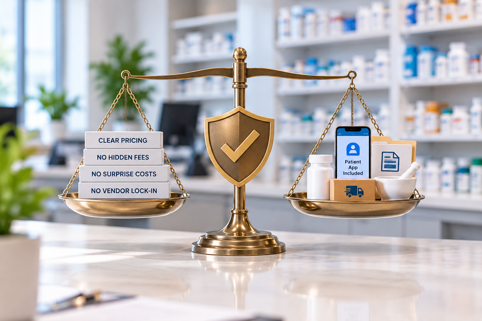 A balanced scale with a shield symbol, representing transparent pricing, stability, and protection from hidden pharmacy software fees.