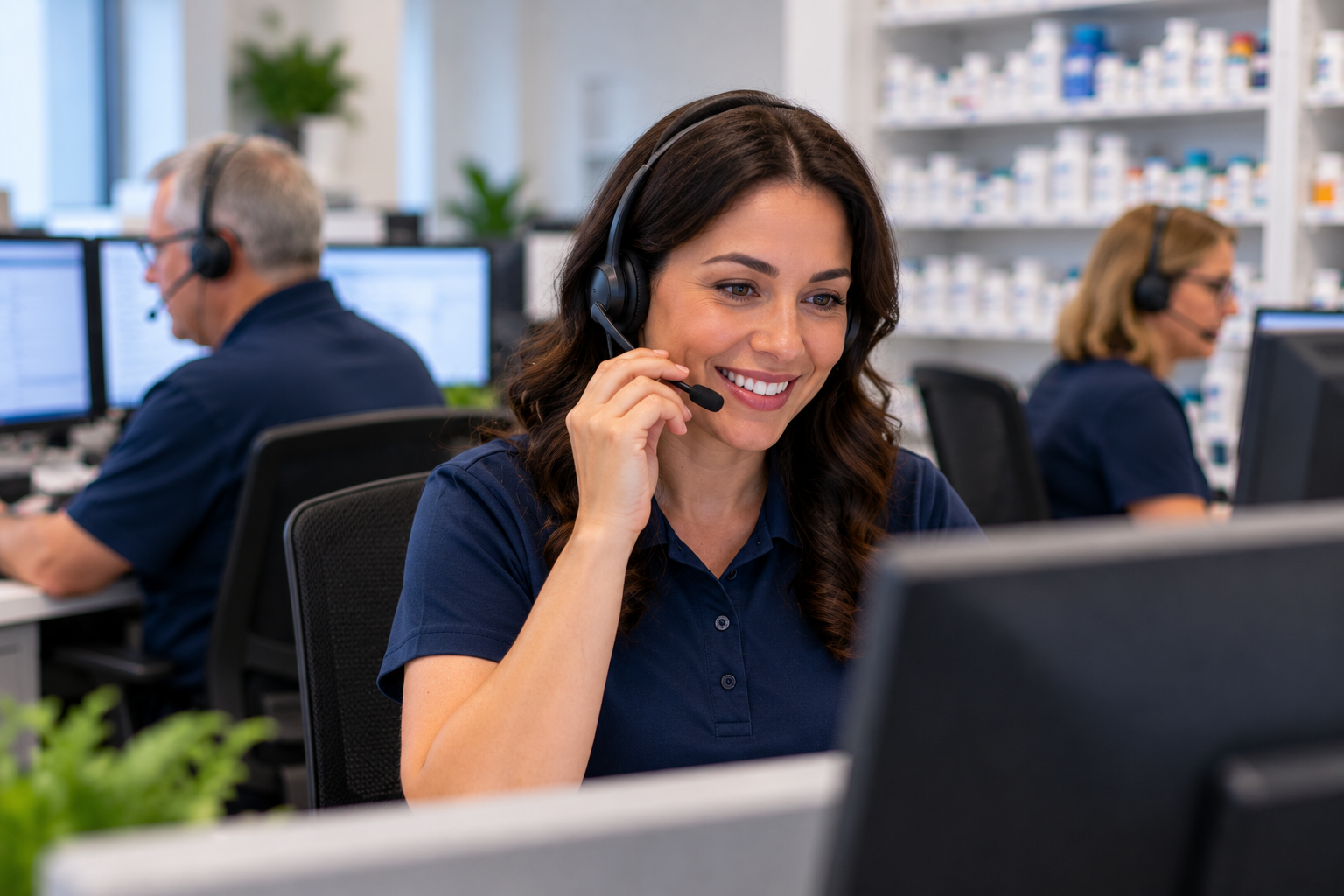 Customer service representative wearing a headset and assisting a caller in a professional pharmacy support center.